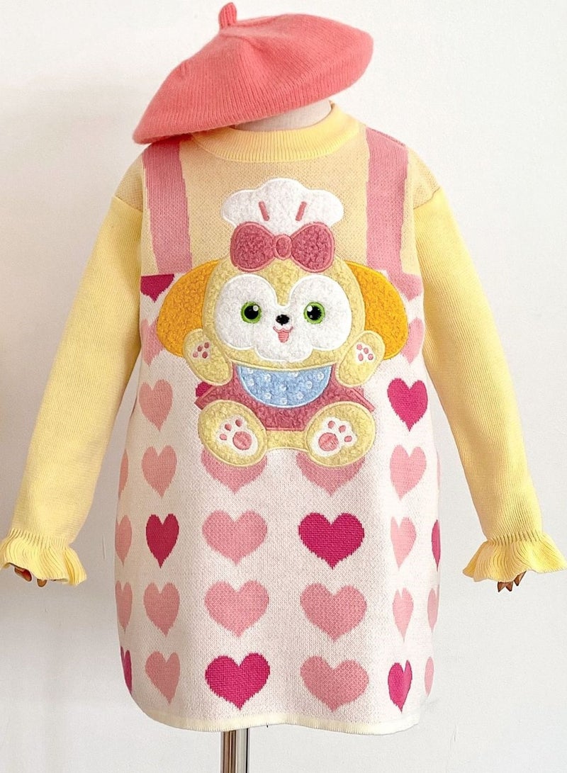 Girl's Stylish Cartoon Love Fake Two-Piece Sweater Knitted Dress - Image 1