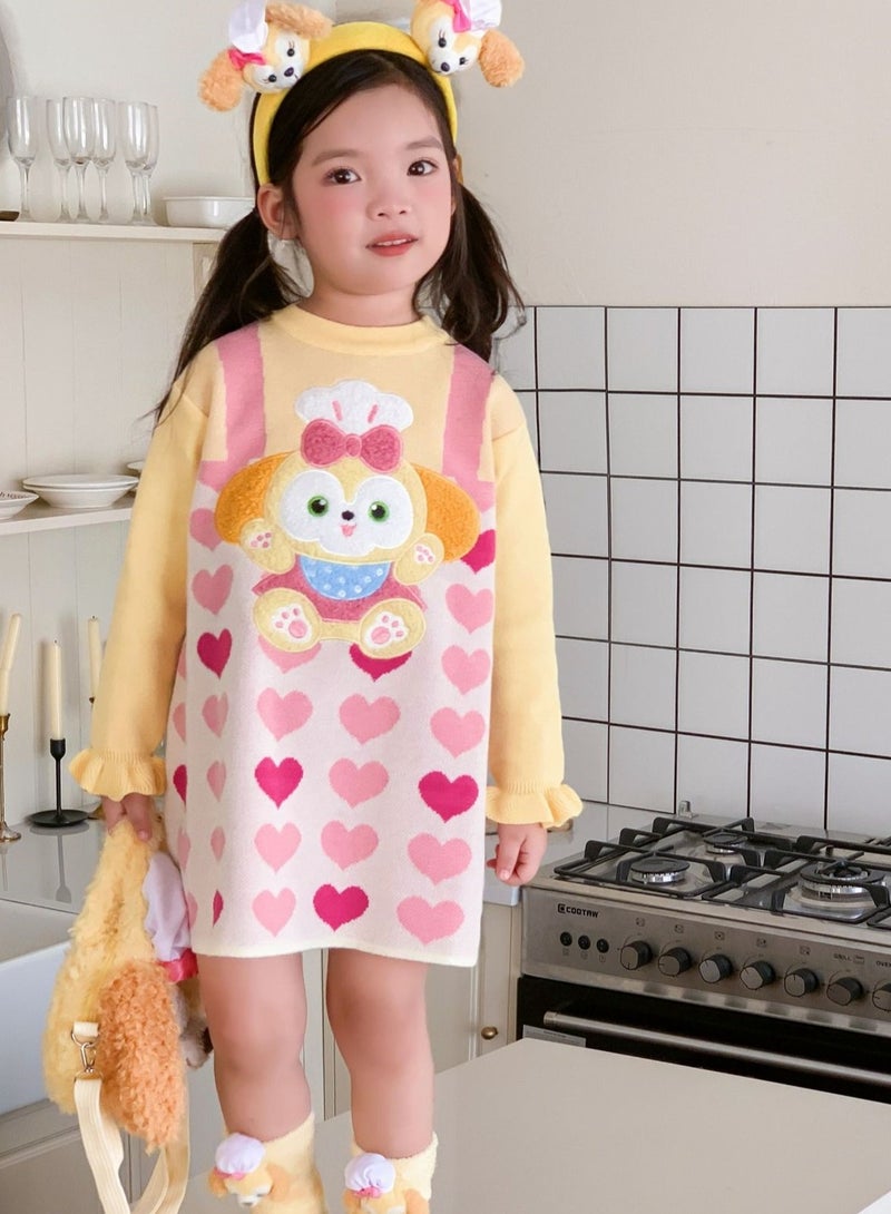 Girl's Stylish Cartoon Love Fake Two-Piece Sweater Knitted Dress - Image 2