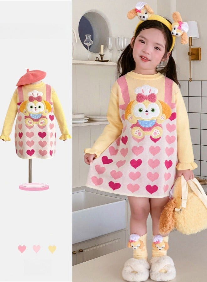 Girl's Stylish Cartoon Love Fake Two-Piece Sweater Knitted Dress - Image 3