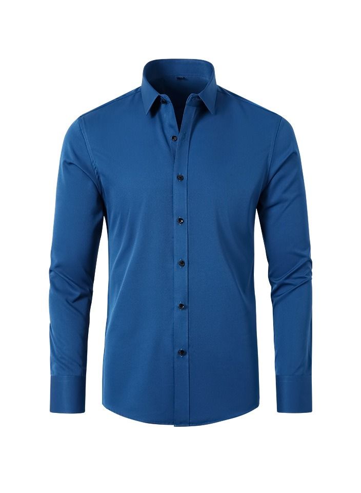 Loquat Men's Elastic Long Sleeve Shirt Solid Youth Men's Wear Non iron Shirt Peacock Blue  - Image 1