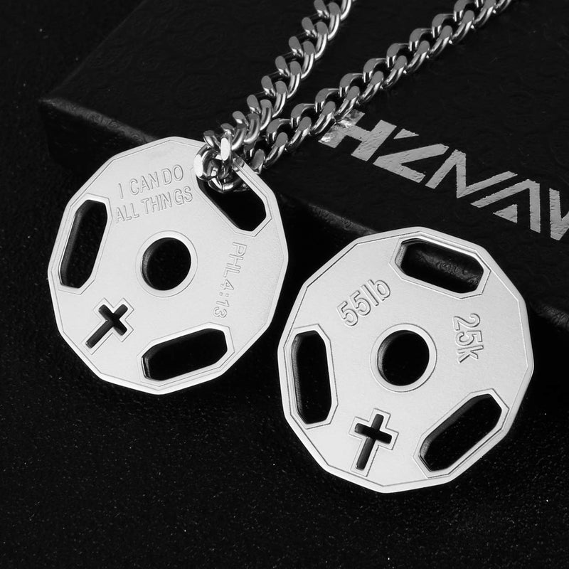 HZMAN Mens Fashion Stainless Steel Fitness Gym Dumbbell Weight Plate Barbell Chain Pendant Necklace - Image 2