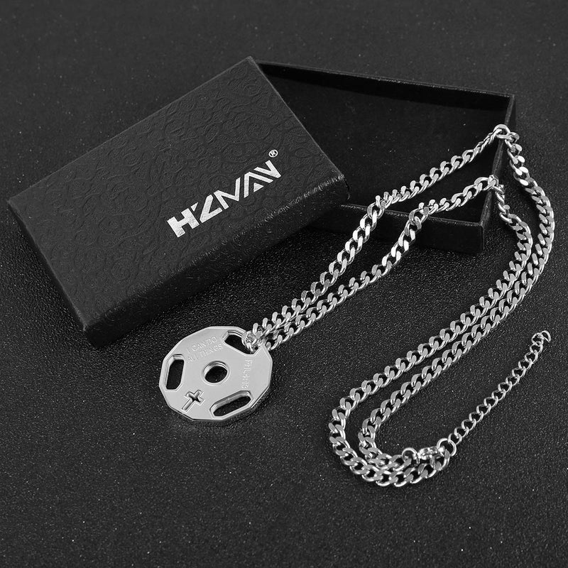 HZMAN Mens Fashion Stainless Steel Fitness Gym Dumbbell Weight Plate Barbell Chain Pendant Necklace - Image 5