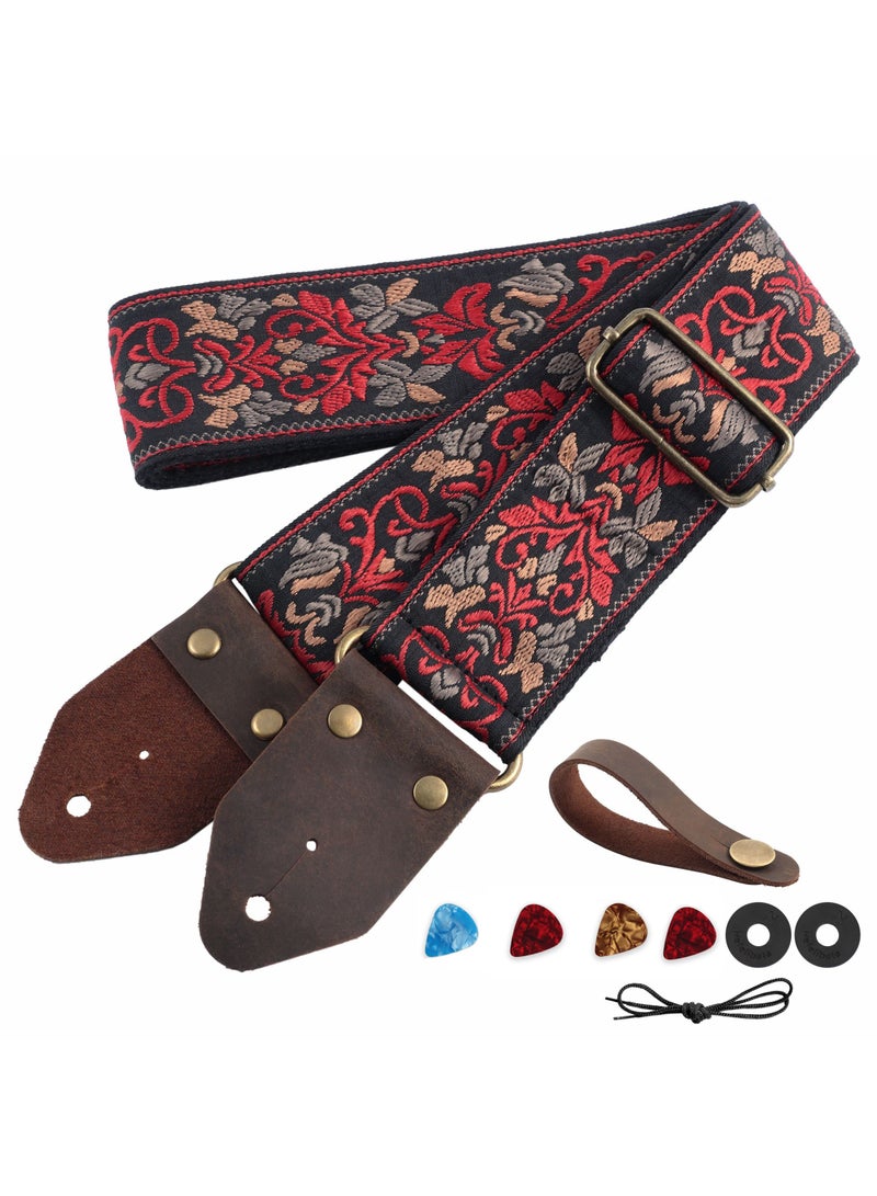 KASTWAVE Guitar Strap, Jacquard Embroidery Cotton Guitar Straps with Crazy Horse Leather Leather Ends for Bass, Electric & Acoustic, Best Gifts for Kids, Guitarists(Retro Red Flower) - Image 1