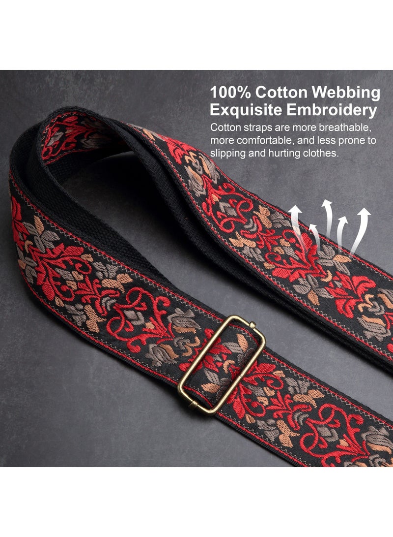 KASTWAVE Guitar Strap, Jacquard Embroidery Cotton Guitar Straps with Crazy Horse Leather Leather Ends for Bass, Electric & Acoustic, Best Gifts for Kids, Guitarists(Retro Red Flower) - Image 3