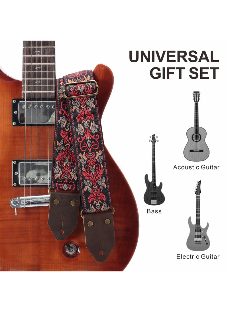KASTWAVE Guitar Strap, Jacquard Embroidery Cotton Guitar Straps with Crazy Horse Leather Leather Ends for Bass, Electric & Acoustic, Best Gifts for Kids, Guitarists(Retro Red Flower) - Image 5