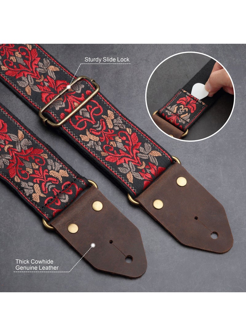 KASTWAVE Guitar Strap, Jacquard Embroidery Cotton Guitar Straps with Crazy Horse Leather Leather Ends for Bass, Electric & Acoustic, Best Gifts for Kids, Guitarists(Retro Red Flower) - Image 2
