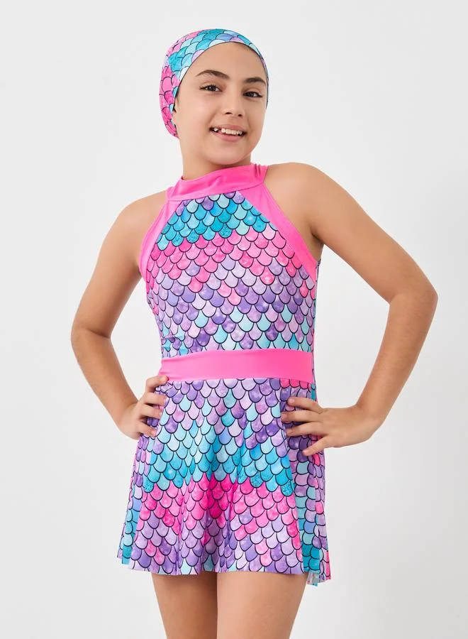ستايلي Styli All Over Print Swimsuit and Cap Set
