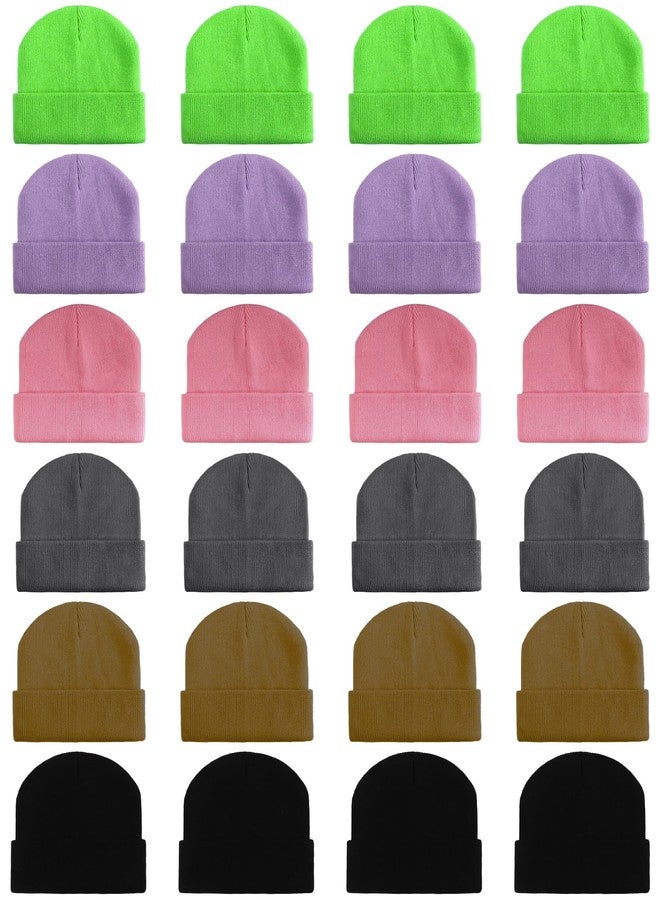 LYDTICK 24 Pack Kids Knit Beanies Bulk, Toddler Winter Hat Wholesale Warm Cuffed Caps for Boys Girls, Assorted Color - Image 1