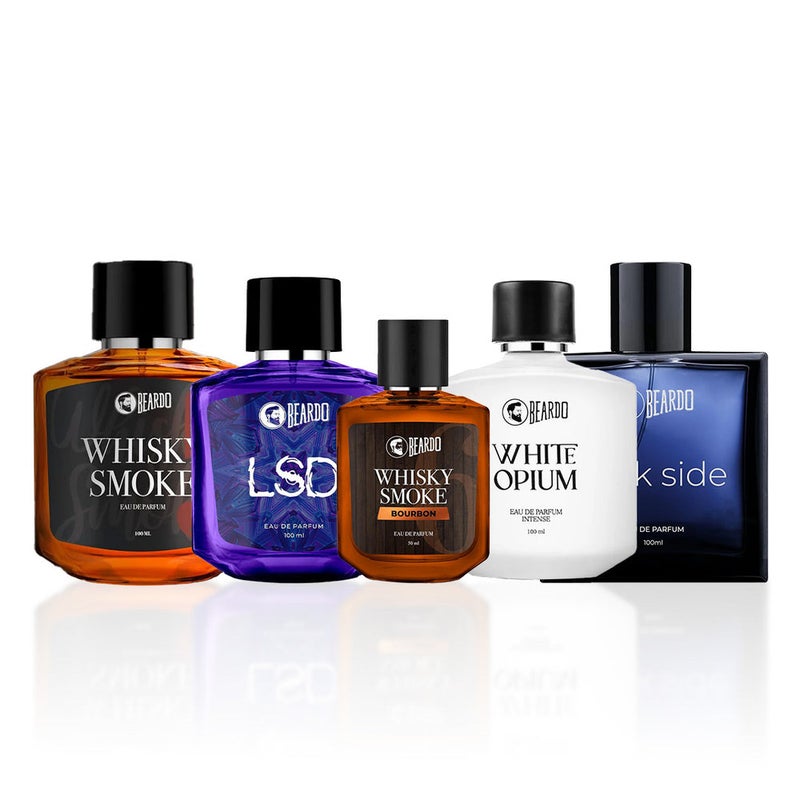 Beardo Whiskey Smoke Perfume 100ml + Beardo Whiskey Smoke Bourbon Perfume EDP 50ml + Beardo LSD Perfume EDP 100ml + Beardo White Opium Perfume EDP 100ml + Beardo Dark Side Perfume 100ml
