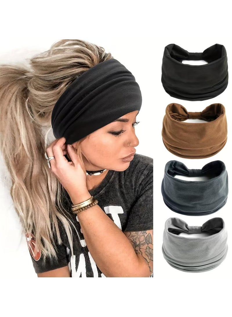 دان كولين 4Pcs حزام الشعر الرياضي واسع النطاق ، غطاء رأس مرن الأنيق النقي ، حزام شعر سميك على الطراز البوهيمي ، رياضة اليوغا الحجاب الكبيرة حزام الشعر  - Image 1