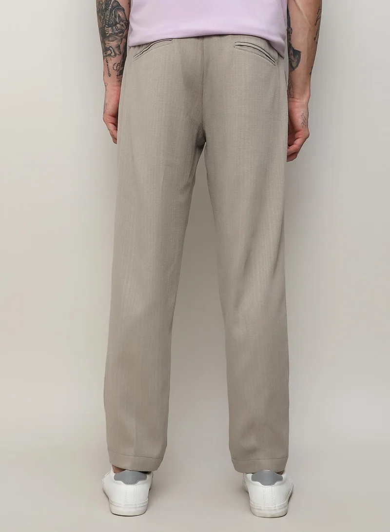 Campus Sutra Beige Men's Oatmeal Beige Solid Tailored Trousers for Men | Best Price UAE