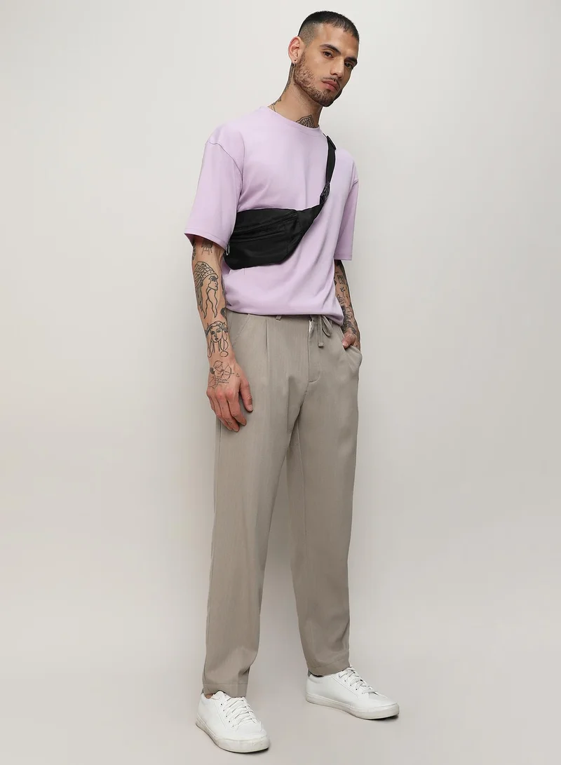 Campus Sutra Beige Men's Oatmeal Beige Solid Tailored Trousers for Men | Best Price UAE