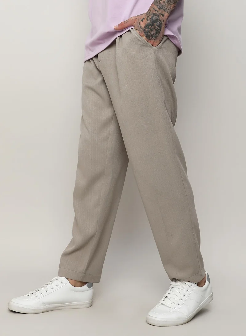 Campus Sutra Beige Men's Oatmeal Beige Solid Tailored Trousers for Men | Best Price UAE