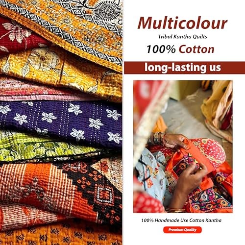 Mycrafts مجموعة كنب هندي جملة من ماي كرافتس 5 قطع كنب كانثا قبلي عتيق بطانية مصنوعة يدويًا رمي كانثا هيبي بوهيمي من الساري القديم - Image 5