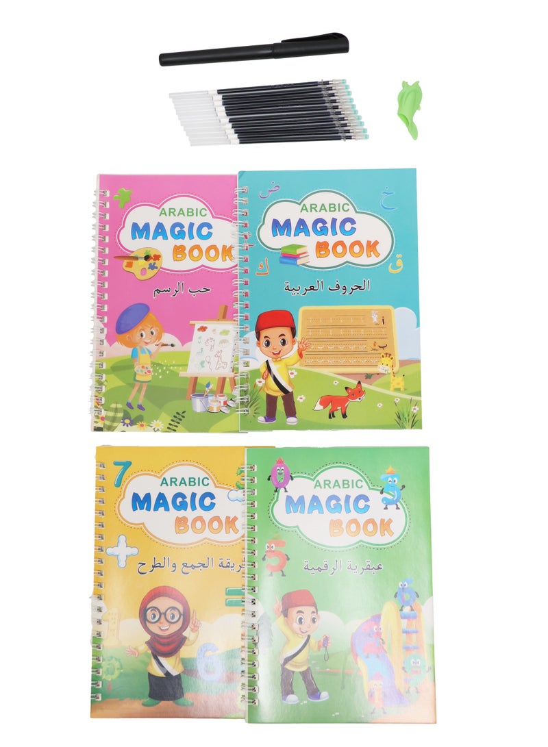 Generic Arabic Magic Practice Copybook, (4 Books + 10 REFILL+1 Pen +1 Grip) Number Tracing Book for Preschoolers with Pen, Magic Calligraphy Copybook Set Practical Reusable Writing Tool Simple Hand Lettering, (Number +Drawing +Alphabet +Math), age 3+  - Image 4