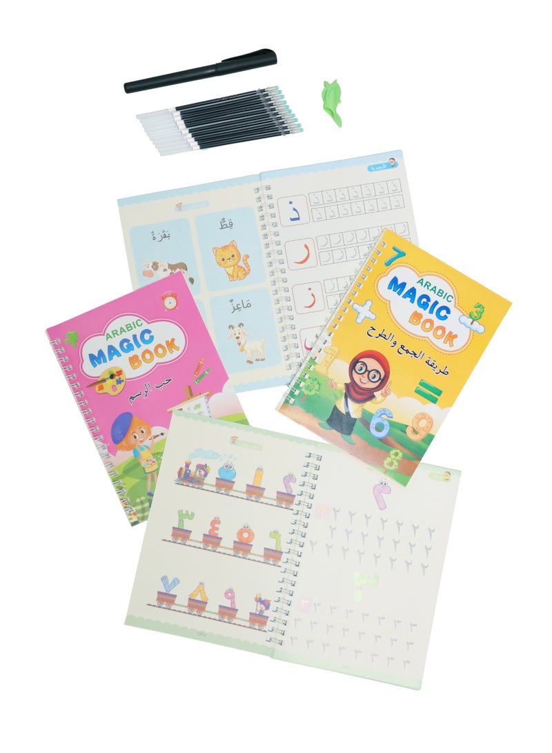 Generic Arabic Magic Practice Copybook, (4 Books + 10 REFILL+1 Pen +1 Grip) Number Tracing Book for Preschoolers with Pen, Magic Calligraphy Copybook Set Practical Reusable Writing Tool Simple Hand Lettering, (Number +Drawing +Alphabet +Math), age 3+  - Image 3