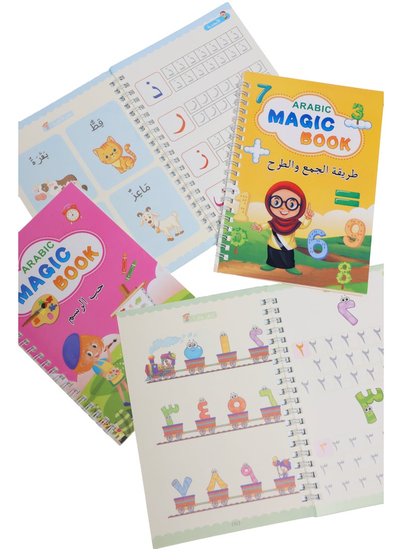 Generic Arabic Magic Practice Copybook, (4 Books + 10 REFILL+1 Pen +1 Grip) Number Tracing Book for Preschoolers with Pen, Magic Calligraphy Copybook Set Practical Reusable Writing Tool Simple Hand Lettering, (Number +Drawing +Alphabet +Math), age 3+  - Image 2