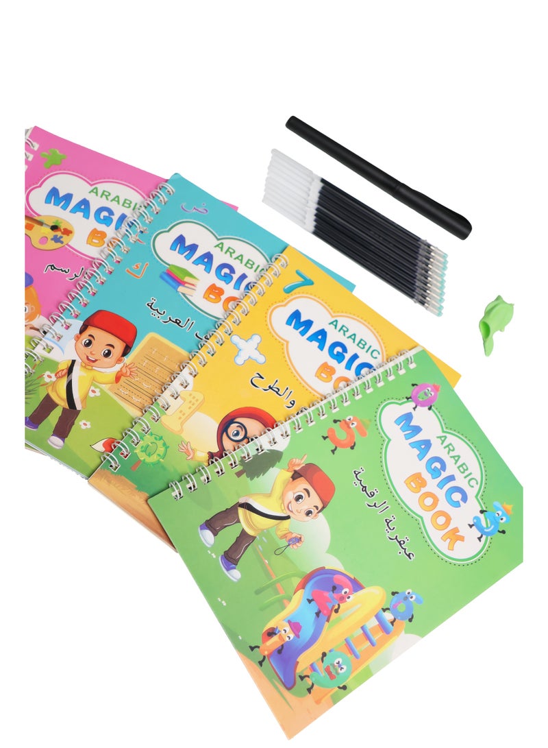Generic Arabic Magic Practice Copybook, (4 Books + 10 REFILL+1 Pen +1 Grip) Number Tracing Book for Preschoolers with Pen, Magic Calligraphy Copybook Set Practical Reusable Writing Tool Simple Hand Lettering, (Number +Drawing +Alphabet +Math), age 3+  - Image 1