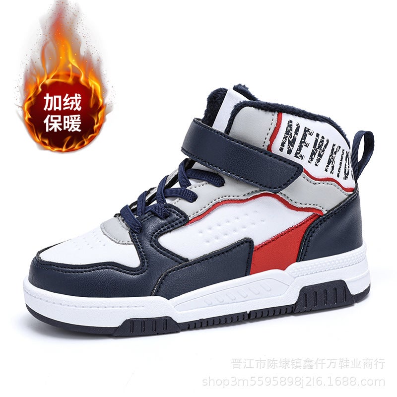 Kids High-Top Sneakers Winter 2024 Warm Cotton Velvet Casual Shoes Dark blue red [plus velvet]