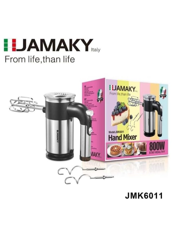 مضرب بيض كهربائى من جاماكى بقدرة 800 وات ستانلس ستيل مزود ب 5 سرعات و4 اسلحة للخفق - jmk6011، فضي  - Image 2