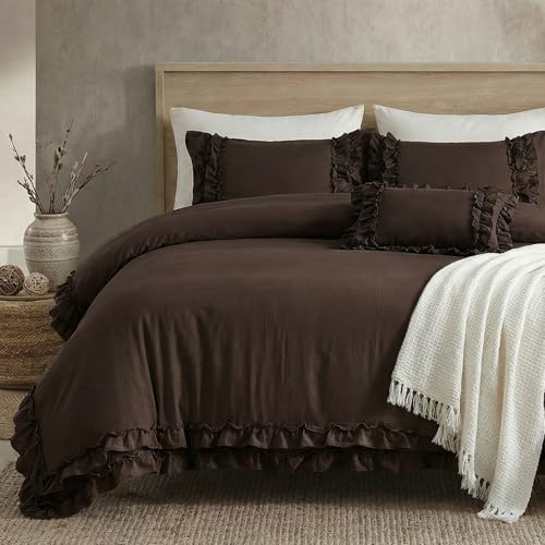 Bedorm Dark Brown Duvet Cover Set Elegant Ruffled Bedding Queen Shabby Chic Lace Ruffle Boho Bedroom Decor Vintage Boho Style Chocolate Duvet Cover with Pillowcases - Image 1