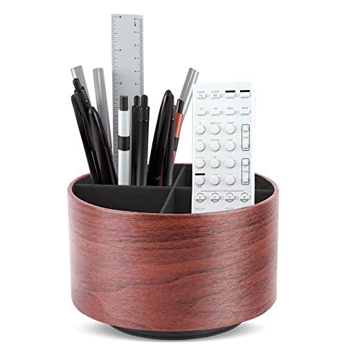 Hennaja Round Leather Art Supply Organizer,Remote Control Holder,360 Degree Spinning,Multi-Functional Pencil Holder,4 Compartments Desktop Stationary Organizer(1-Light Brown2) - Image 1