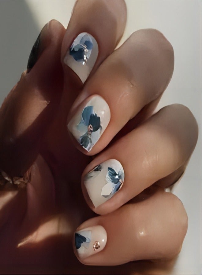 24 Pcs White Press on Nails Short Square -Kawaii Fake Nails Press ons Winter Glossy Nail Tips Full Cover False Nails with Camellia Design Glue on Nails Kit Acrylic Set Nail Art for Women - Image 1