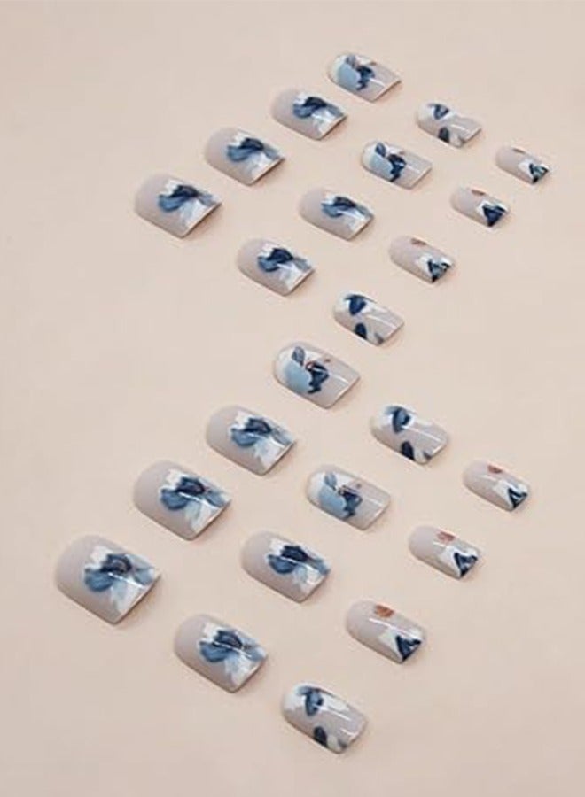 24 Pcs White Press on Nails Short Square -Kawaii Fake Nails Press ons Winter Glossy Nail Tips Full Cover False Nails with Camellia Design Glue on Nails Kit Acrylic Set Nail Art for Women - Image 3