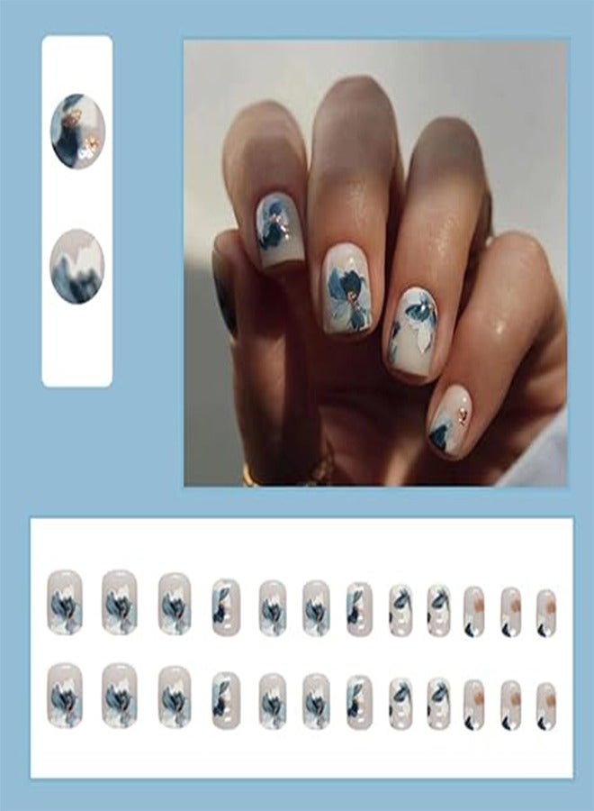 24 Pcs White Press on Nails Short Square -Kawaii Fake Nails Press ons Winter Glossy Nail Tips Full Cover False Nails with Camellia Design Glue on Nails Kit Acrylic Set Nail Art for Women - Image 2