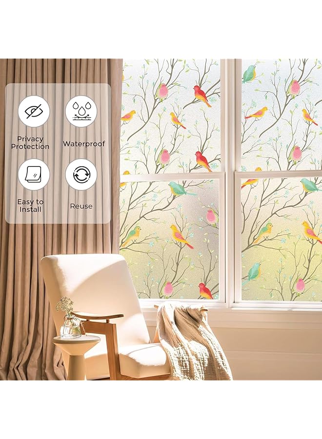 erorex 2 Pack Window Privacy Film Birdie Stained Glass Window Film Frosted Glass Window Sticker Bathroom Door Window Cover Day And Night Privacy Thermal Floral Window Sticker 17.7 X 40 Inches - Image 3