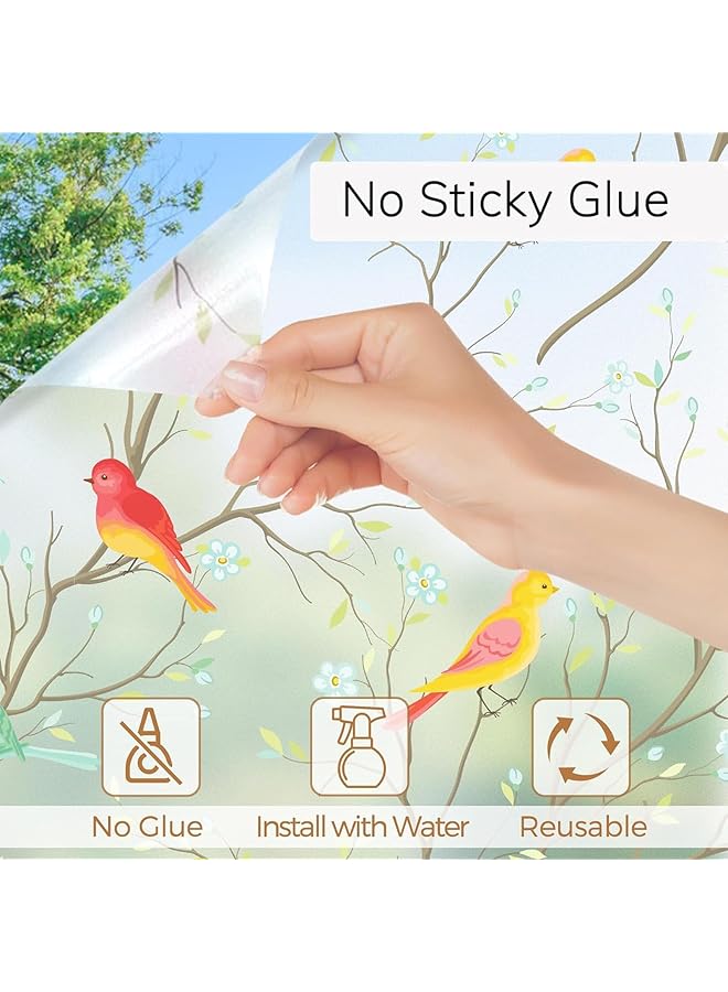 erorex 2 Pack Window Privacy Film Birdie Stained Glass Window Film Frosted Glass Window Sticker Bathroom Door Window Cover Day And Night Privacy Thermal Floral Window Sticker 17.7 X 40 Inches - Image 2