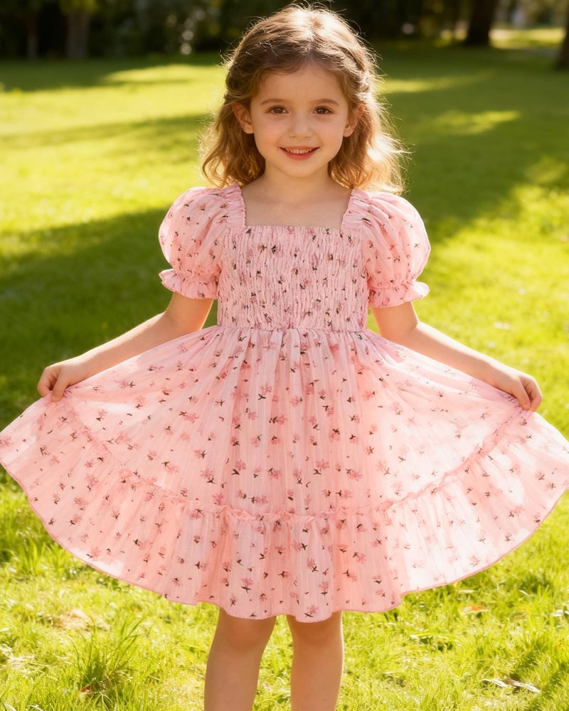 YALLET 4T 5T Summer Girl Dress Puff Sleeve Girls Holiday Dresses Floral Print Family Picture Outfits with Back Adjustment Rope for Valentine's Day Easter Daily Play Holiday Birthday(Pink,4-5T) - Image 2