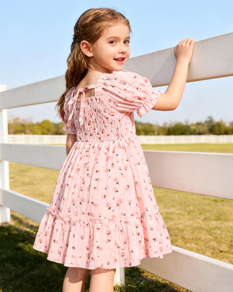 YALLET 4T 5T Summer Girl Dress Puff Sleeve Girls Holiday Dresses Floral Print Family Picture Outfits with Back Adjustment Rope for Valentine's Day Easter Daily Play Holiday Birthday(Pink,4-5T) - Image 3