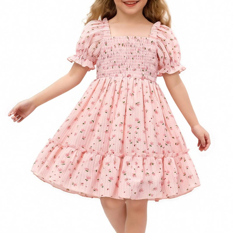 YALLET 4T 5T Summer Girl Dress Puff Sleeve Girls Holiday Dresses Floral Print Family Picture Outfits with Back Adjustment Rope for Valentine's Day Easter Daily Play Holiday Birthday(Pink,4-5T) - Image 1