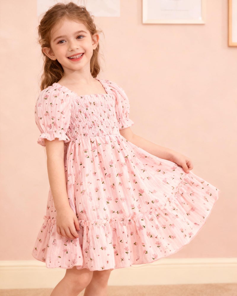YALLET 4T 5T Summer Girl Dress Puff Sleeve Girls Holiday Dresses Floral Print Family Picture Outfits with Back Adjustment Rope for Valentine's Day Easter Daily Play Holiday Birthday(Pink,4-5T) - Image 4
