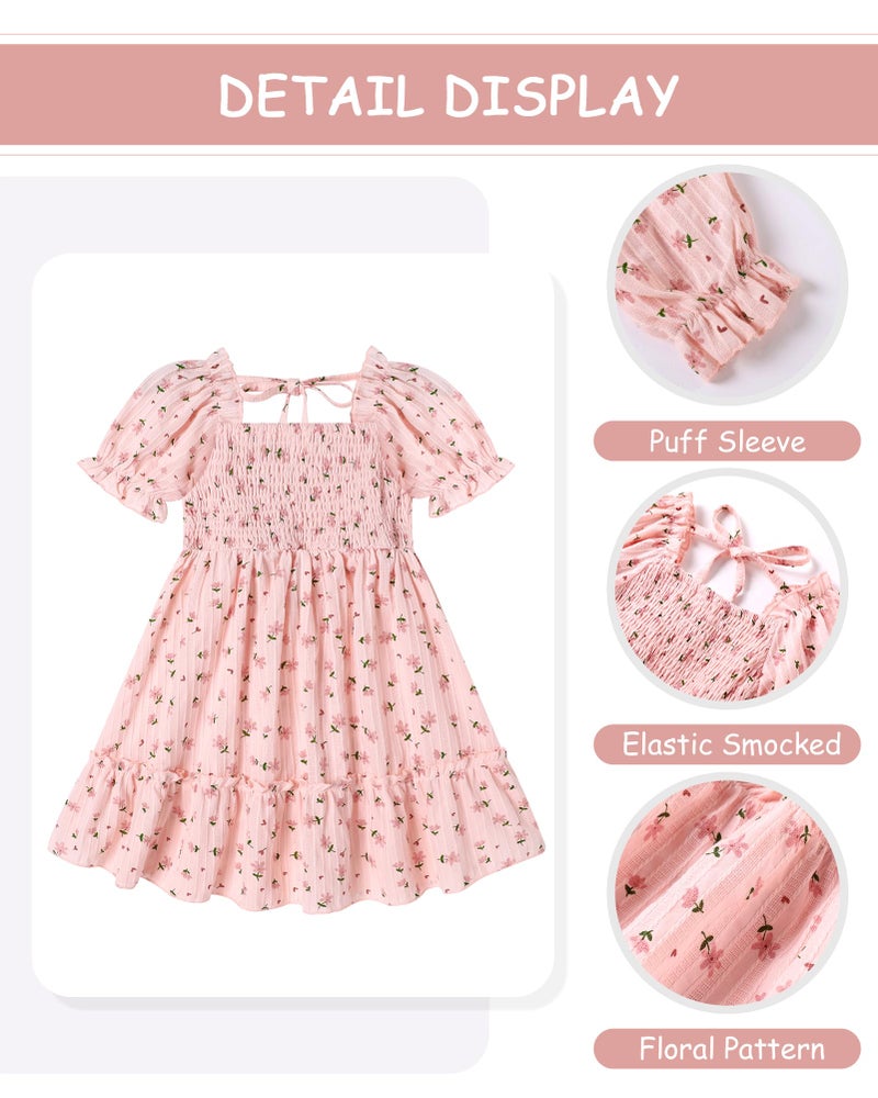 YALLET 4T 5T Summer Girl Dress Puff Sleeve Girls Holiday Dresses Floral Print Family Picture Outfits with Back Adjustment Rope for Valentine's Day Easter Daily Play Holiday Birthday(Pink,4-5T) - Image 5