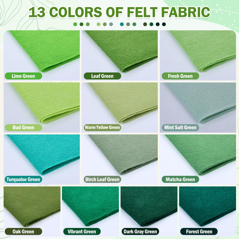 XSEINO 13 Rolls 8"x35" 1.4mm Thick Soft Felt Fabric Sheet 13 Assorted Green Series Colors Felt Pack Pastel Felt Sheets for DIY Craft Sewing Squares Nonwoven Patchwork - Image 2