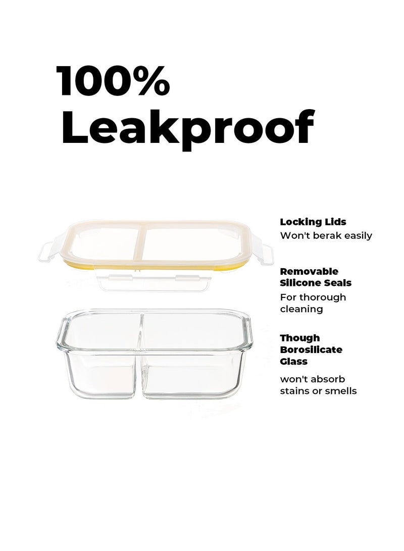 ايست من نون 3 عبوات من حاويات تخزين الطعام الزجاجية بوروسيليكات مع 2 قسم، حاويات زجاجية محكمة الإغلاق قابلة للتكديس لتحضير الوجبات للغداء والفضلات، خالية من BPA ومضادة للتسرب، للاستخدام في الميكروويف، الفرن، وغسالة الصحون، سعة 950 مل، باللون الأصفر - Image 5