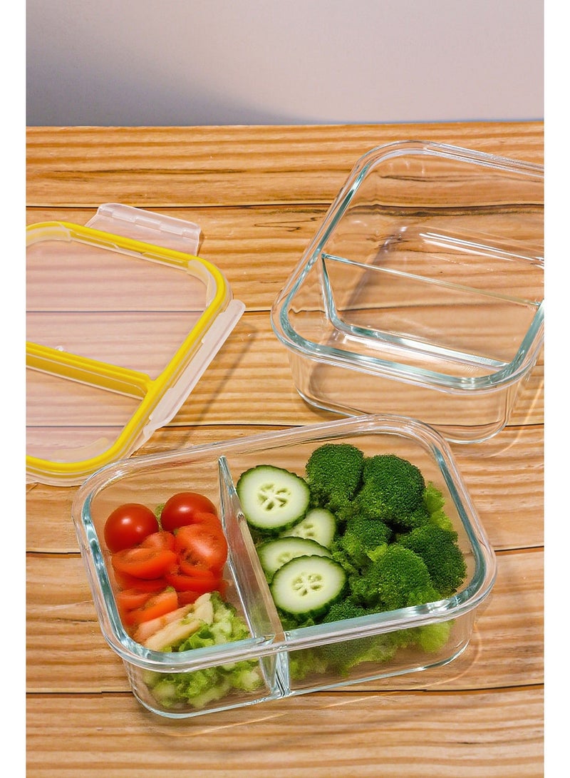 ايست من نون 3 عبوات من حاويات تخزين الطعام الزجاجية بوروسيليكات مع 2 قسم، حاويات زجاجية محكمة الإغلاق قابلة للتكديس لتحضير الوجبات للغداء والفضلات، خالية من BPA ومضادة للتسرب، للاستخدام في الميكروويف، الفرن، وغسالة الصحون، سعة 950 مل، باللون الأصفر - Image 4