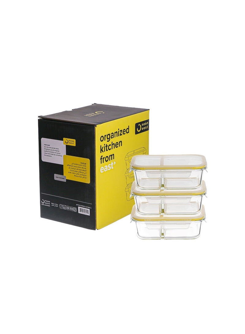 ايست من نون 3 عبوات من حاويات تخزين الطعام الزجاجية بوروسيليكات مع 2 قسم، حاويات زجاجية محكمة الإغلاق قابلة للتكديس لتحضير الوجبات للغداء والفضلات، خالية من BPA ومضادة للتسرب، للاستخدام في الميكروويف، الفرن، وغسالة الصحون، سعة 950 مل، باللون الأصفر - Image 1