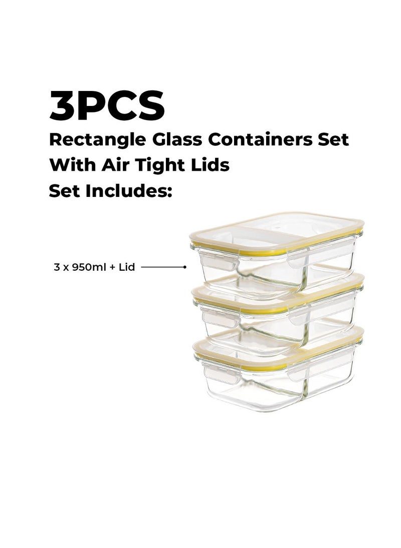 ايست من نون 3 عبوات من حاويات تخزين الطعام الزجاجية بوروسيليكات مع 2 قسم، حاويات زجاجية محكمة الإغلاق قابلة للتكديس لتحضير الوجبات للغداء والفضلات، خالية من BPA ومضادة للتسرب، للاستخدام في الميكروويف، الفرن، وغسالة الصحون، سعة 950 مل، باللون الأصفر - Image 3