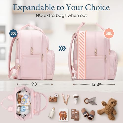 Qualyphant Extra Large Diaper Bag Backpack for 2 Kids Twins - Expandable Diaper Bag (30-38L) - Travel Baby Backpack with Changing Pad for Mom Dad (Quilted, Water Resistant, Pink) - Image 3