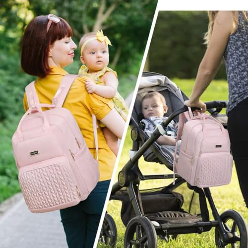 Qualyphant Extra Large Diaper Bag Backpack for 2 Kids Twins - Expandable Diaper Bag (30-38L) - Travel Baby Backpack with Changing Pad for Mom Dad (Quilted, Water Resistant, Pink) - Image 2