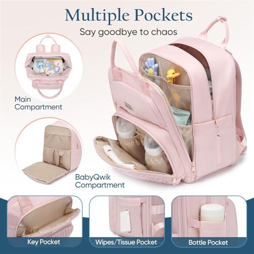Qualyphant Extra Large Diaper Bag Backpack for 2 Kids Twins - Expandable Diaper Bag (30-38L) - Travel Baby Backpack with Changing Pad for Mom Dad (Quilted, Water Resistant, Pink) - Image 5