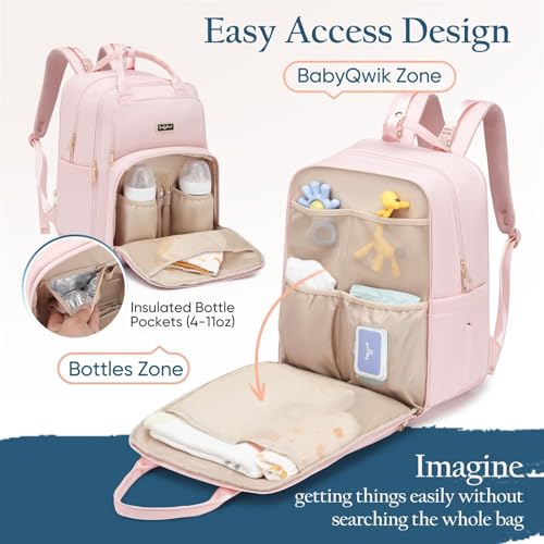 Qualyphant Extra Large Diaper Bag Backpack for 2 Kids Twins - Expandable Diaper Bag (30-38L) - Travel Baby Backpack with Changing Pad for Mom Dad (Quilted, Water Resistant, Pink) - Image 4
