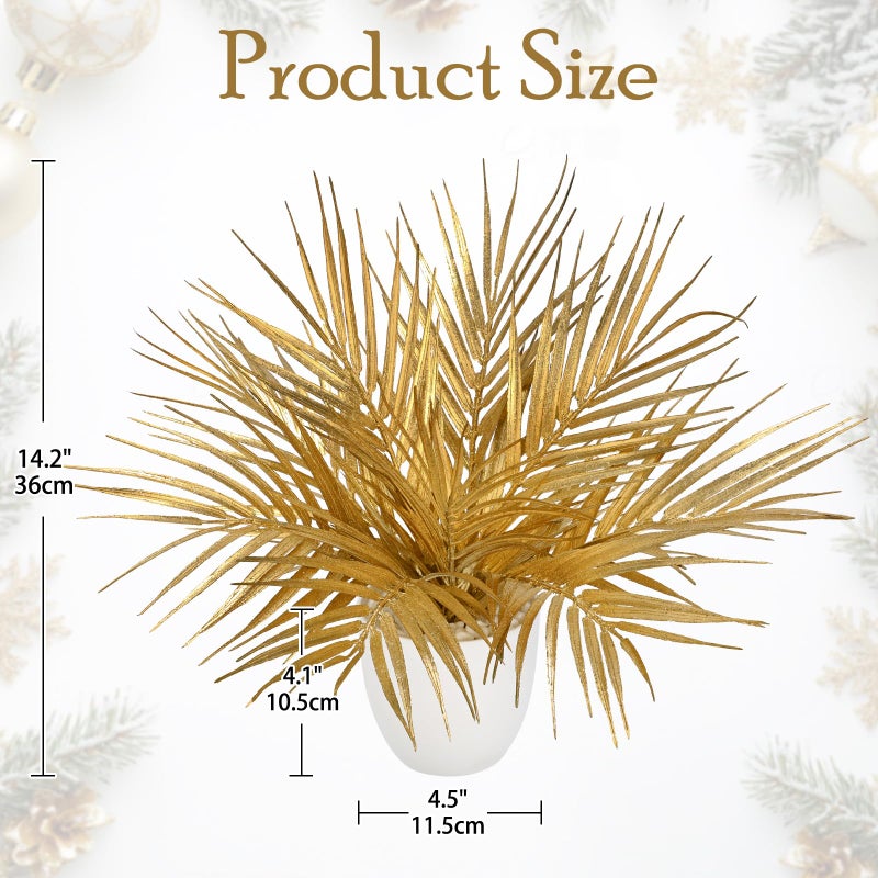 Briful 14.2" Tall Fake Plants Artificial Gold Palm Plant in White Pot â€“ Glitter Faux Palm Leaves Table Centerpiece for Christmas Holiday Decorations, Modern Home Office Desk Decor, Living Room - Image 2