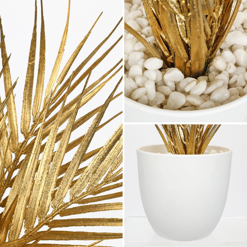 Briful 14.2" Tall Fake Plants Artificial Gold Palm Plant in White Pot â€“ Glitter Faux Palm Leaves Table Centerpiece for Christmas Holiday Decorations, Modern Home Office Desk Decor, Living Room - Image 4