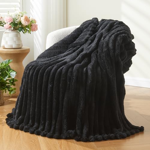 NEWCOSPLAY Super Soft Throw Blanket Black Premium Silky Flannel Fleece 3D Ribbed Jacquard Lightweight Bed Blanket All Season Use (Black Ribbed, Throw(50"x60")) - Image 1