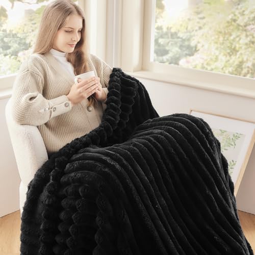 NEWCOSPLAY Super Soft Throw Blanket Black Premium Silky Flannel Fleece 3D Ribbed Jacquard Lightweight Bed Blanket All Season Use (Black Ribbed, Throw(50"x60")) - Image 3