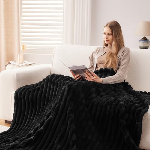 NEWCOSPLAY Super Soft Throw Blanket Black Premium Silky Flannel Fleece 3D Ribbed Jacquard Lightweight Bed Blanket All Season Use (Black Ribbed, Throw(50"x60")) - Image 4